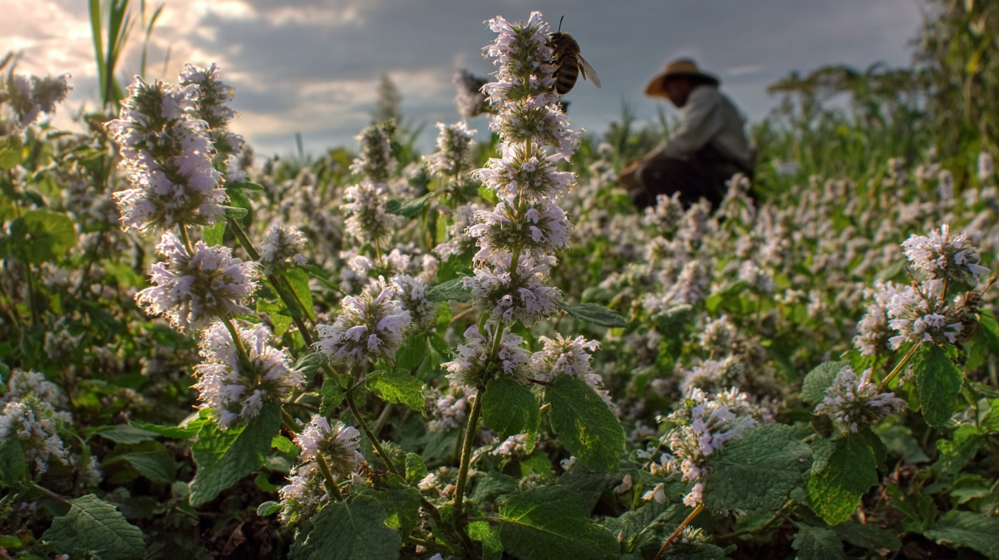 Campo de mastranto en flor con apicultor al fondo, sabana oriental de Anzoátegui.