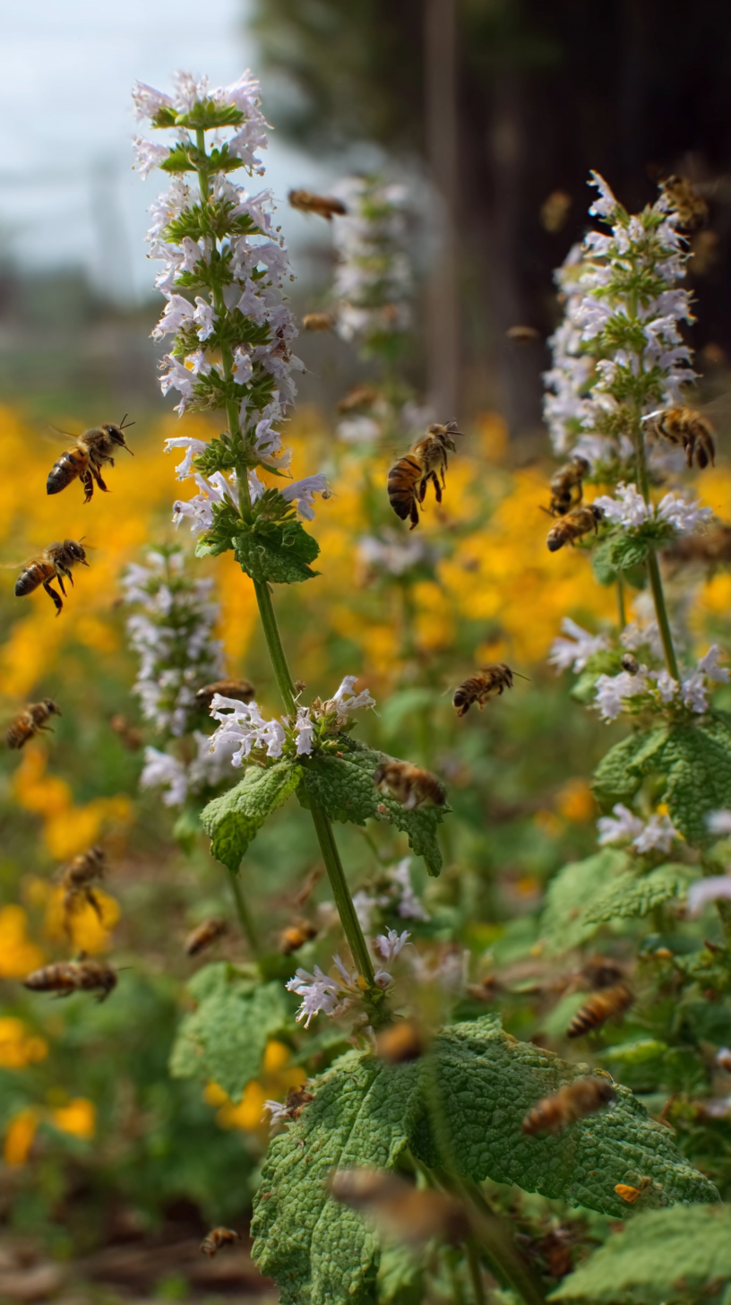 Flor de mastranto Hyptis suaveolens con abejas trabajando.