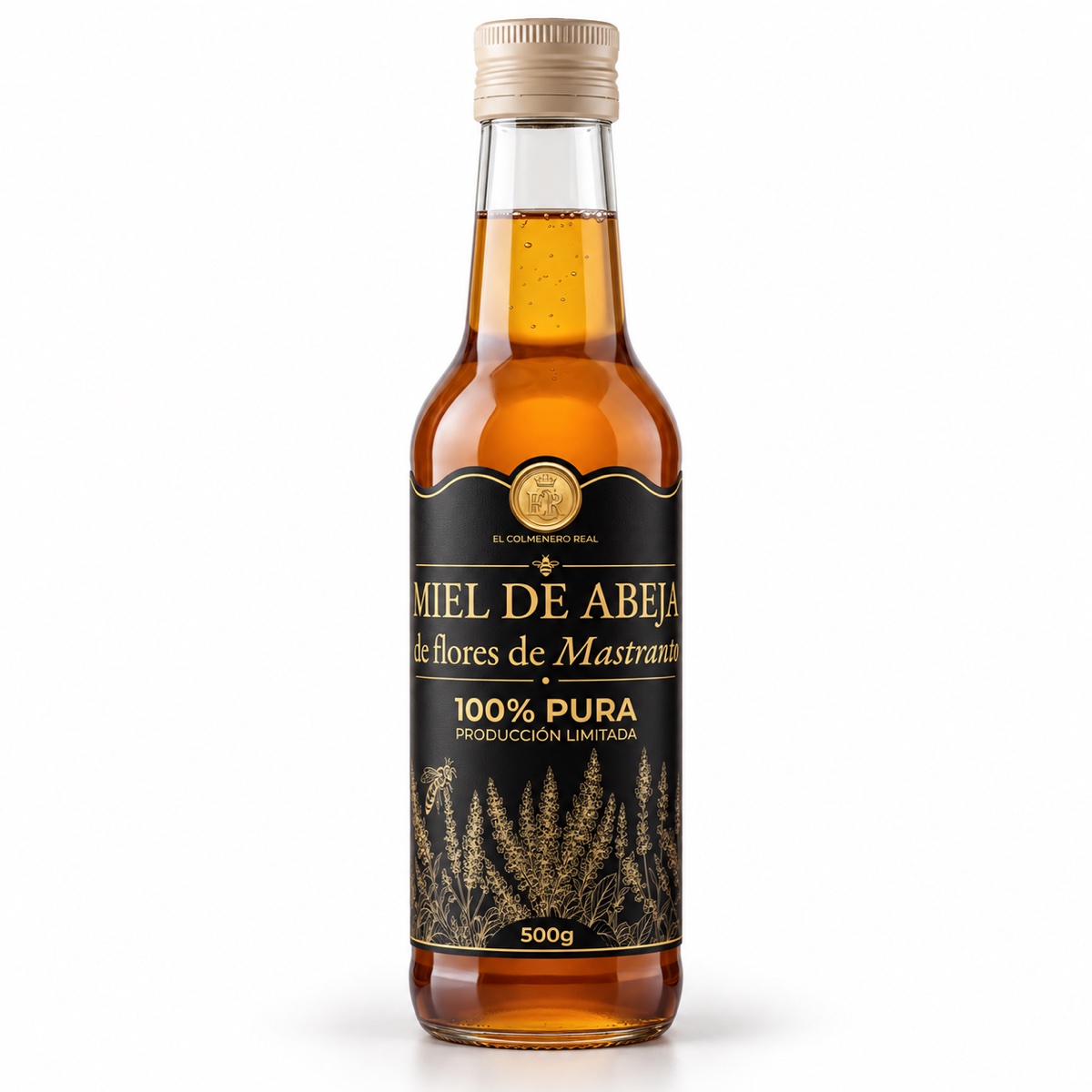 Miel de mastranto El Colmenero Real, 500 g, en botella de vidrio con etiqueta negra y dorada.
