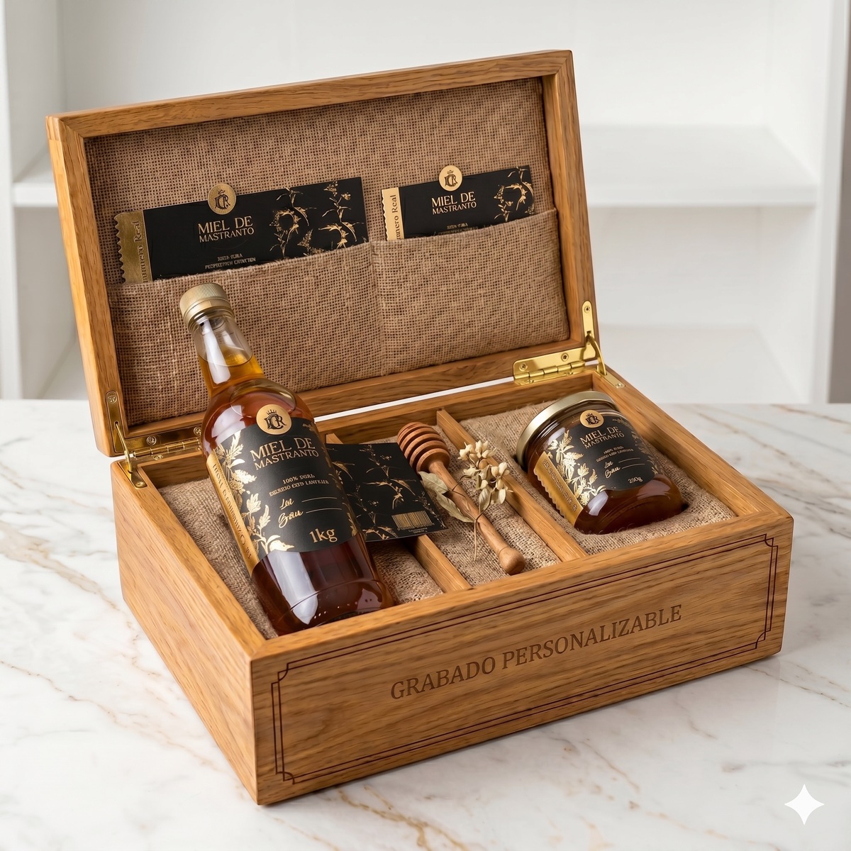 Caja del colmenero en madera con grabado personalizable, con miel de mastranto en frasco y botella de vidrio y un cucharón.
